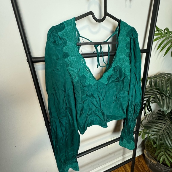 Free People NWOT Janelle Lace Long Sleeve Top - Balsam / Emerald XL - Picture 5 of 5